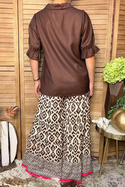 Western solid color brown 3/4 sleeve women's boutique top GJQ17535