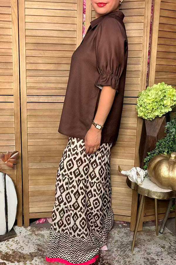 Western solid color brown 3/4 sleeve women's boutique top GJQ17535