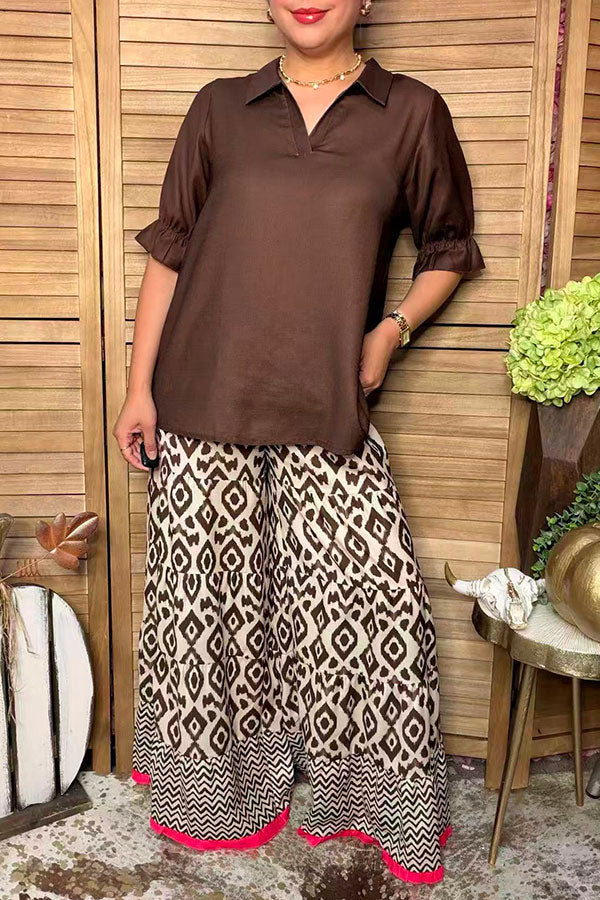 Western solid color brown 3/4 sleeve women's boutique top GJQ17535