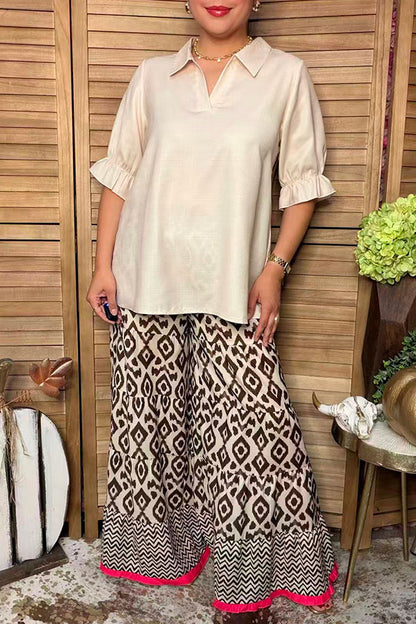Western solid color cream 3/4 sleeve women's boutique top GJQ17536