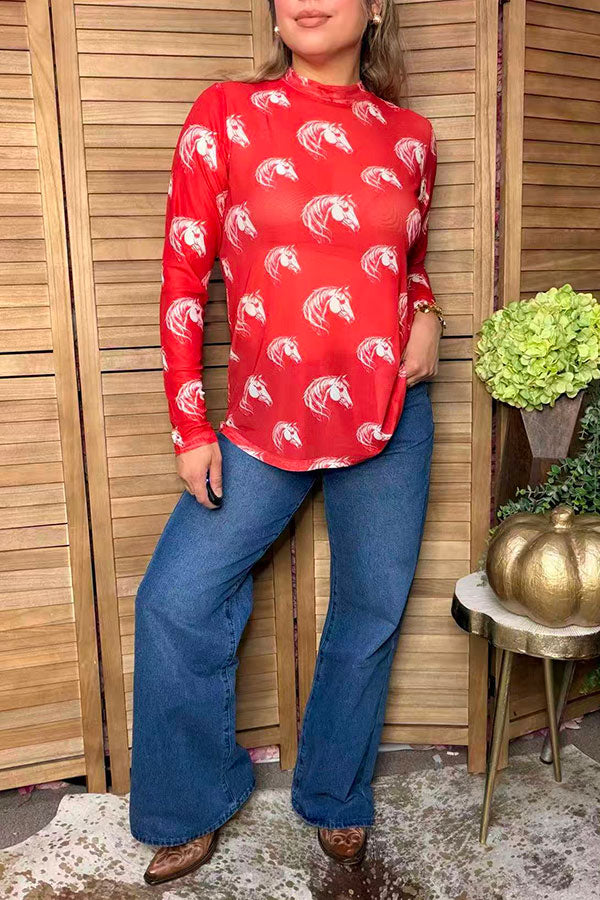 Western horse print red sheer long sleeve women's boutique top Southern Stitch GJQ17575