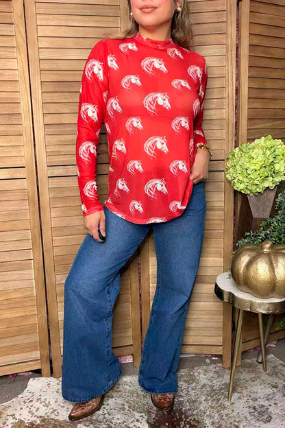 Western horse print red sheer long sleeve women's boutique top Southern Stitch GJQ17575