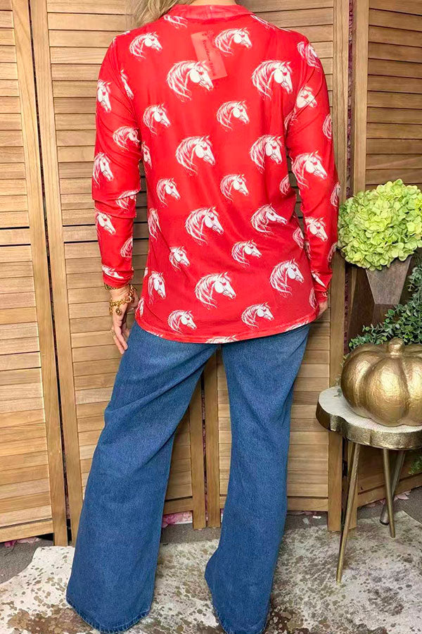 Western horse print red sheer long sleeve women's boutique top Southern Stitch GJQ17575