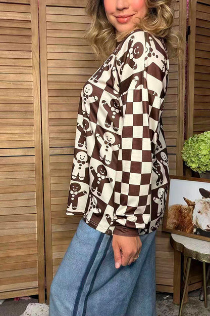 Christmas gingerbread man checkered long sleeve women's boutique top Southern Stitch GJQ17577