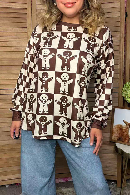 Christmas gingerbread man checkered long sleeve women's boutique top Southern Stitch GJQ17577