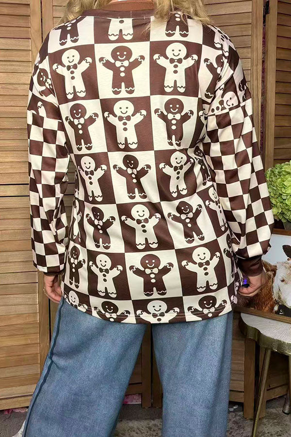 Christmas gingerbread man checkered long sleeve women's boutique top Southern Stitch GJQ17577