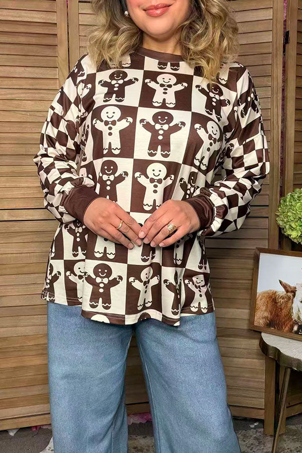 Christmas gingerbread man checkered long sleeve women's boutique top Southern Stitch GJQ17577