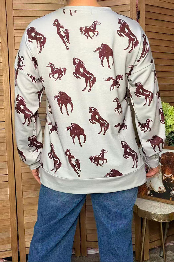 Western brown horse print long sleeve women's boutique sweatshirt Southern Stitch GJQ17579