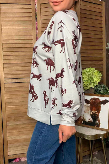 Western brown horse print long sleeve women's boutique sweatshirt Southern Stitch GJQ17579