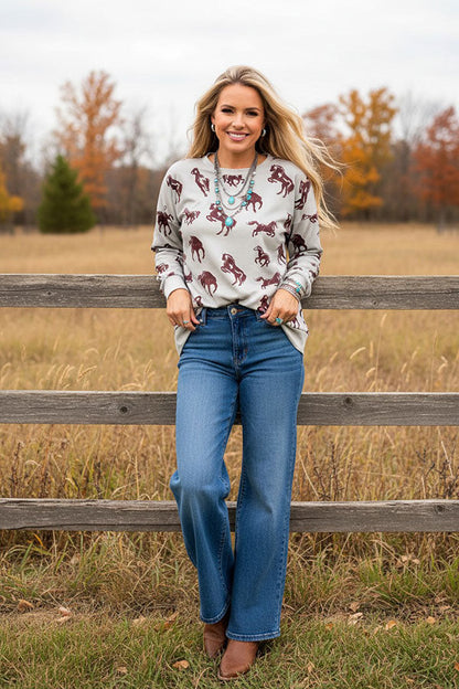 Western brown horse print long sleeve women's boutique sweatshirt Southern Stitch GJQ17579