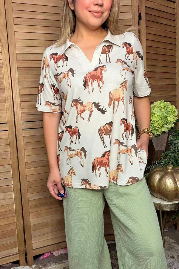 Western horse print short sleeve women's boutique top Southern Stitch GJQ17583