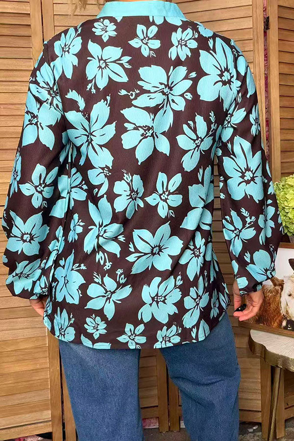 Western turquoise & brown floral print long sleeve women's boutique top GJQ17601