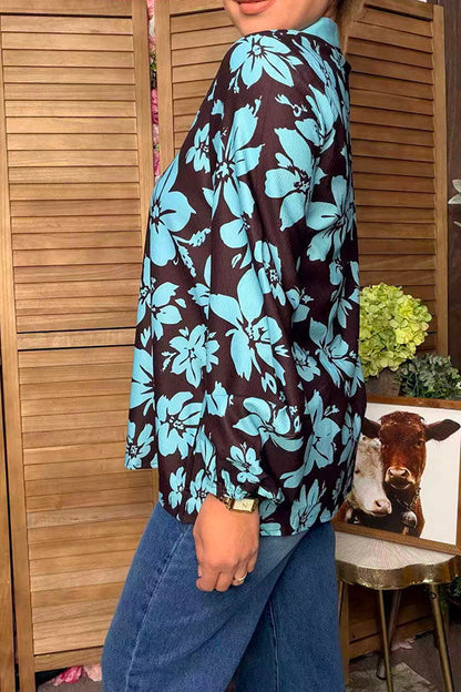 Western turquoise & brown floral print long sleeve women's boutique top GJQ17601