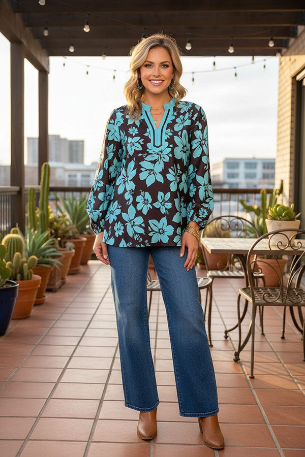 Western turquoise & brown floral print long sleeve women's boutique top GJQ17601