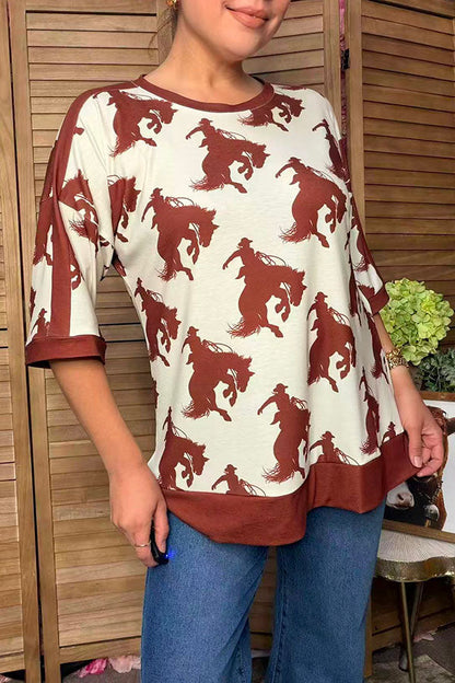 Western horses printed half sleeve women's boutique top GJQ17605