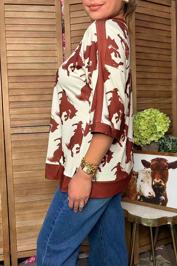Western horses printed half sleeve women's boutique top GJQ17605
