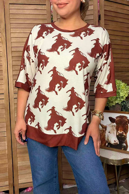Western horses printed half sleeve women's boutique top GJQ17605