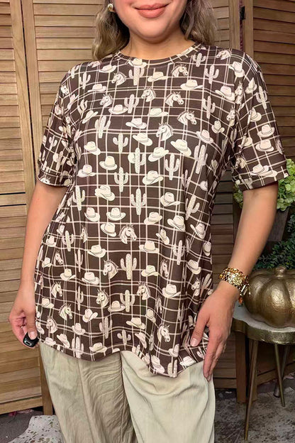 Western hats & cactus & horse brown short sleeve women's boutique top GJQ17606