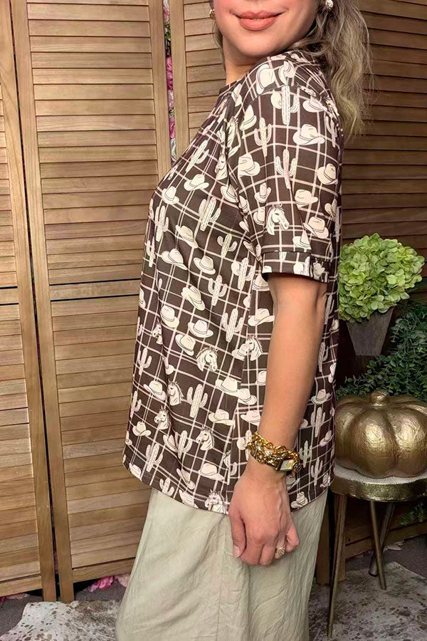 Western hats & cactus & horse brown short sleeve women's boutique top GJQ17606