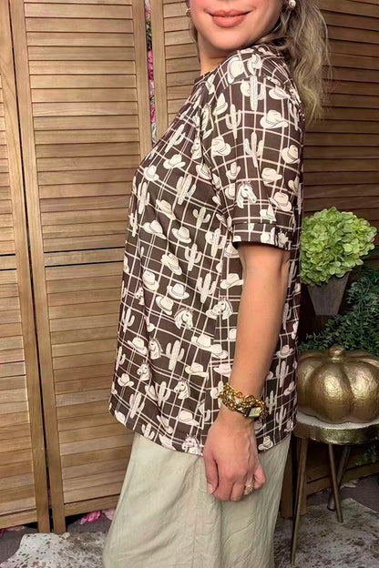 Western hats & cactus & horse brown short sleeve women's boutique top GJQ17606