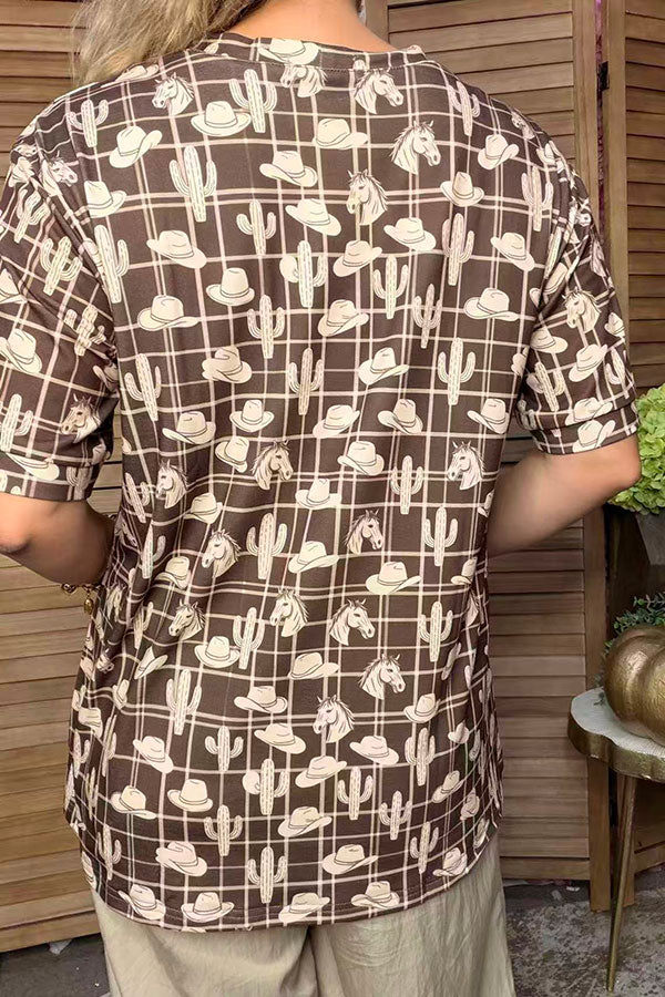 Western hats & cactus & horse brown short sleeve women's boutique top GJQ17606