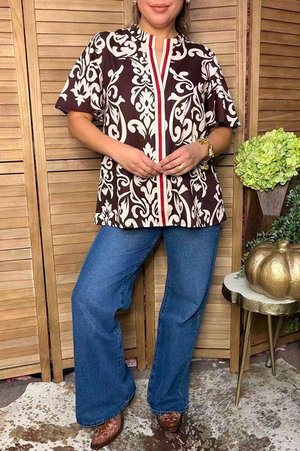 Western floral print dark brown women's boutique top (Mock placket) GJQ17609