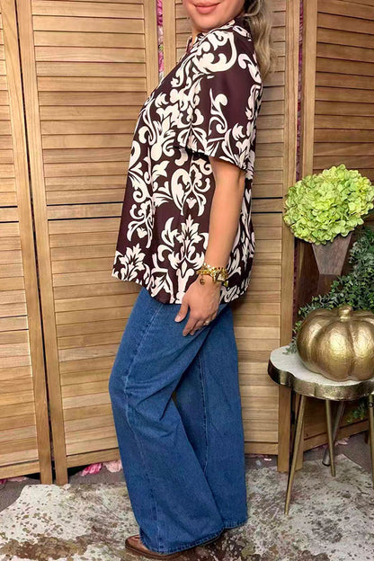 Western floral print dark brown women's boutique top (Mock placket) GJQ17609