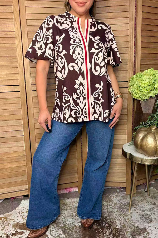 Western floral print dark brown women's boutique top (Mock placket) GJQ17609