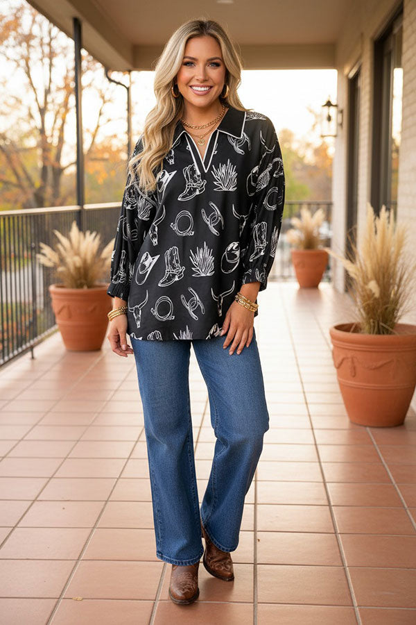Western pattern print black women's boutique top Southern Stitch GJQ17610