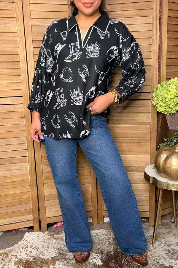Western pattern print black women's boutique top Southern Stitch GJQ17610