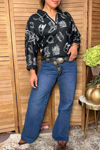 Western pattern print black women's boutique top Southern Stitch GJQ17610