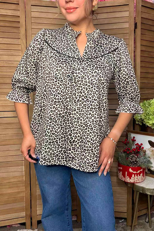 Western leopard ruffle short sleeve women's boutique blouse Southern Stitch GJQ17611