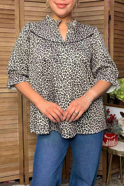 Western leopard ruffle short sleeve women's boutique blouse Southern Stitch GJQ17611