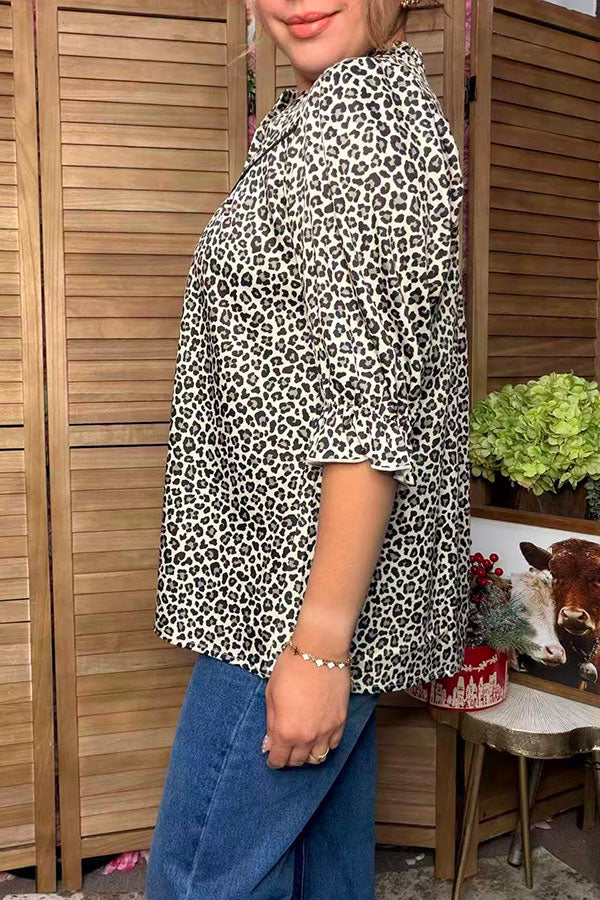 Western leopard ruffle short sleeve women's boutique blouse Southern Stitch GJQ17611
