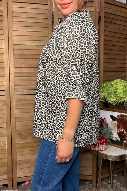 Western leopard ruffle short sleeve women's boutique blouse Southern Stitch GJQ17611