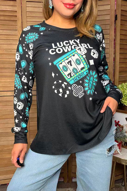 Western lucky cowgirl long sleeve black women's boutique top Southern Stitch GJQ17621 GS5