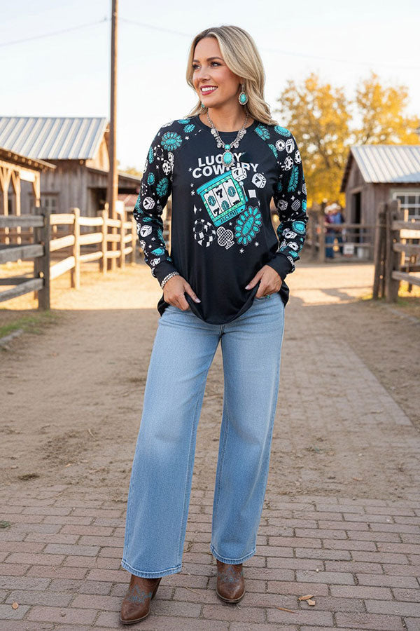 Western lucky cowgirl long sleeve black women's boutique top Southern Stitch GJQ17621 GS5