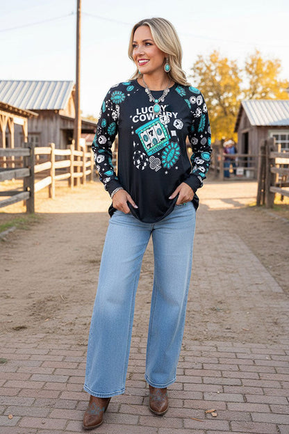 Western lucky cowgirl long sleeve black women's boutique top Southern Stitch GJQ17621 GS5