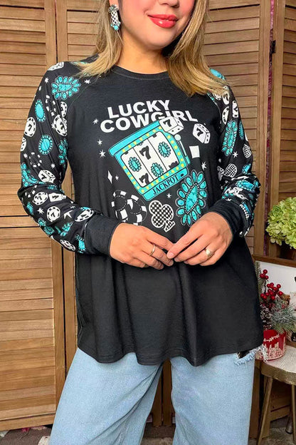 Western lucky cowgirl long sleeve black women's boutique top Southern Stitch GJQ17621 GS5