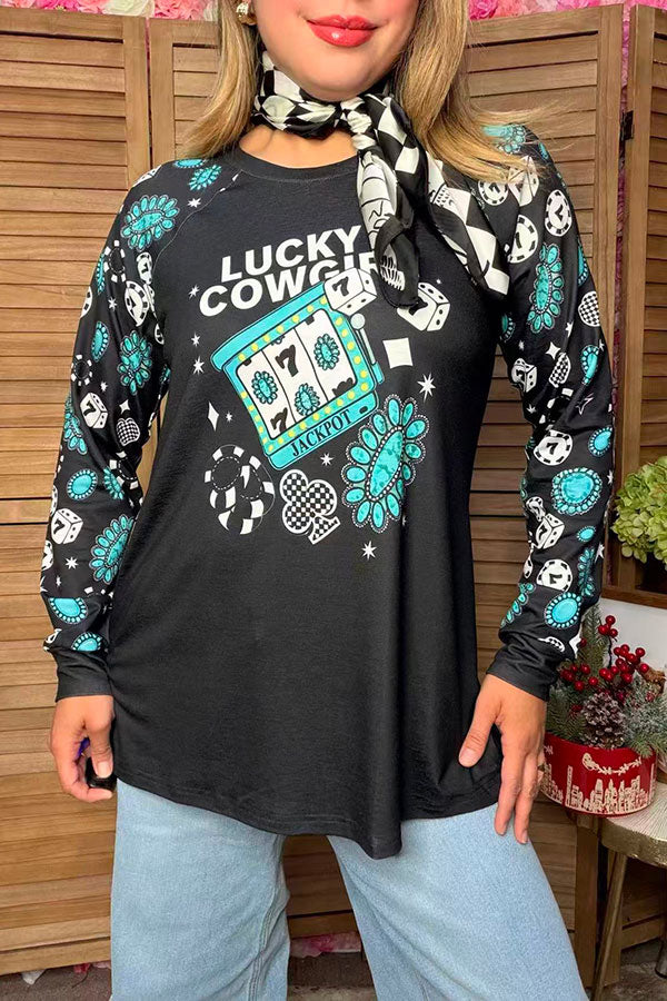 Western lucky cowgirl long sleeve black women's boutique top Southern Stitch GJQ17621 GS5