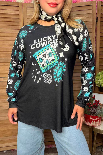 Western lucky cowgirl long sleeve black women's boutique top Southern Stitch GJQ17621 GS5