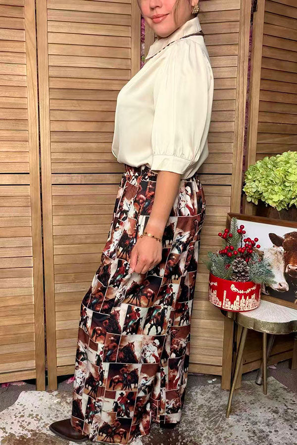 Western vintage cowboy patchwork print wide leg women's pant Southern Stitch GJQ17629