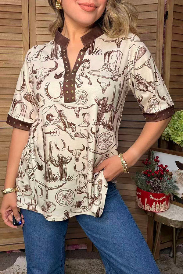Western cowboy print & medal studs short sleeve women's boutique top GJQ17673