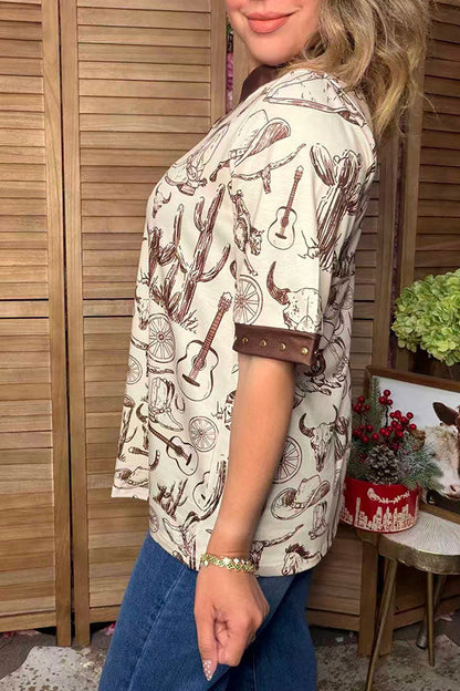 Western cowboy print & medal studs short sleeve women's boutique top GJQ17673