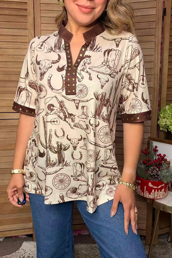 Western cowboy print & medal studs short sleeve women's boutique top GJQ17673