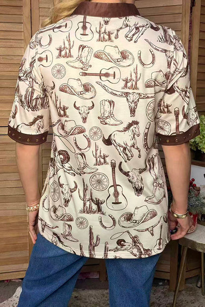 Western cowboy print & medal studs short sleeve women's boutique top GJQ17673