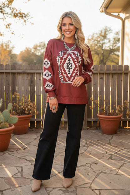 Western aztec print long sleeve women's boutique top Southern Stitch GJQ17681