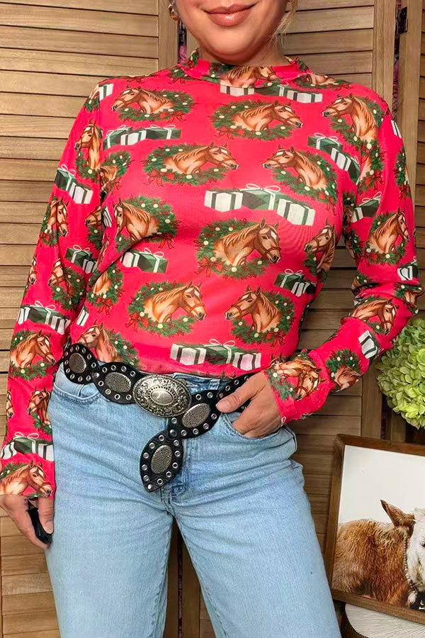 Western Christmas horse gift print sheer women's boutique top Southern Stitch GJQ17687
