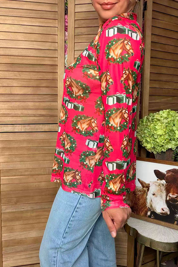 Western Christmas horse gift print sheer women's boutique top Southern Stitch GJQ17687