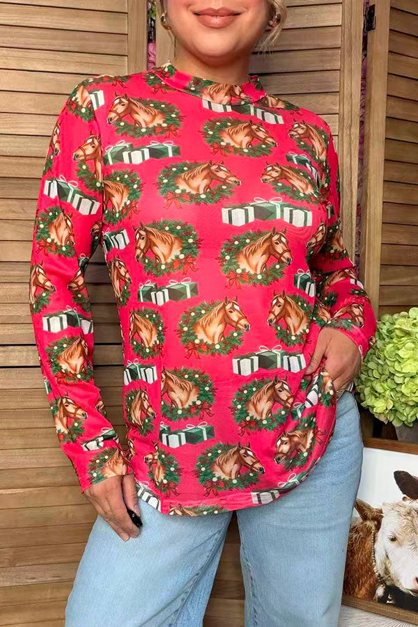 Western Christmas horse gift print sheer women's boutique top Southern Stitch GJQ17687